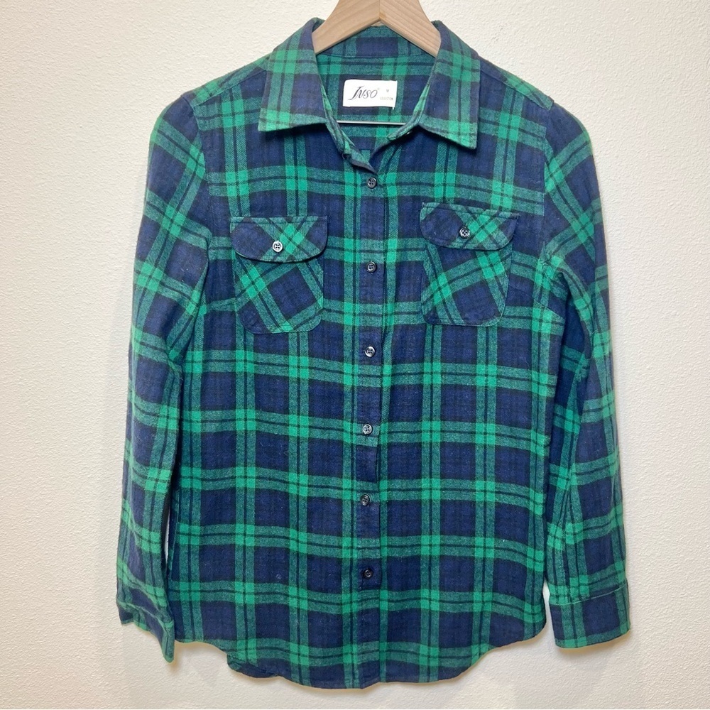 Inso Collection Women’s Navy Blue and Green Plaid Flannel Button Down Sz Medium